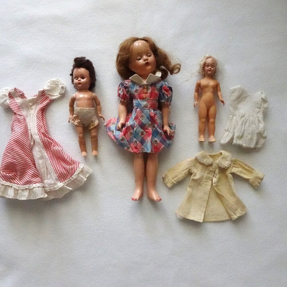 Vintage Hard Plastic Child Doll 1940s Sleepy Eyes Floral Dress 14" LOT of 3